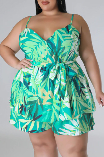 Green Casual Print Patchwork Spaghetti Strap Plus Size Two Pieces