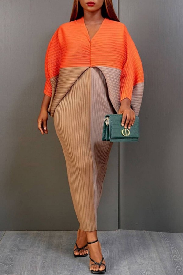 Falda de tubo con cuello en V y patchwork con estampado casual de color caqui naranja Vestidos de talla grande