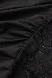 Zwart sexy effen patchwork gevouwen halter kokerrokjurken (inclusief de mouw)