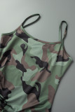 Camouflage Sexy Print Patchwork Slit Spaghetti Strap Sling Dress Robes