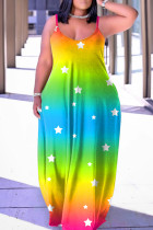 カラー セクシー カジュアル プリント バックレス スパゲッティ ストラップ ロングドレス ドレス