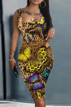 Leopardenmuster Casual Print Basic U-Ausschnitt Weste Kleid Kleider