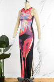 Цветное сексуальное длинное платье с разрезом и круглым вырезом