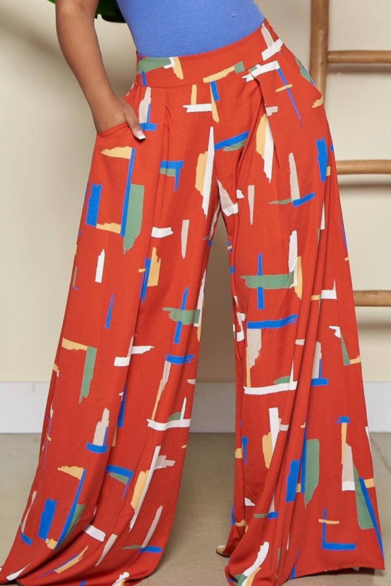 

Red Fashion Casual Letter Print Basic Regular High Waist Wide Leg Trousers