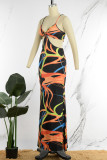 Oranje sexy print backless spaghetti band lange jurk jurken
