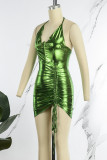 Vestido sin mangas con cuello halter y pliegues sin espalda con vendaje sólido sexy verde Vestidos
