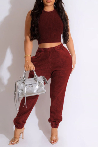 Burgundy Casual Solid Patchwork O Neck Sleeveless Two Pieces
