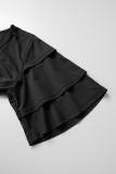 Vestidos de falda de un paso con cuello en O de patchwork sólido casual negro