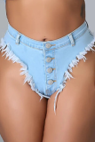 Light Blue Sexy Casual Street Solid Buckle Regular Low Waist Straight Solid Color Bottoms