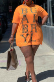 Оранжевые повседневные уличные принты в стиле пэчворк с круглым вырезом прямые платья больших размеров