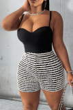 Black Sexy Striped Patchwork Spaghetti Strap Sleeveless Two Pieces Cami Tops And Shorts Set