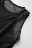 Negro sexy sólido patchwork transparente o cuello sin mangas dos piezas