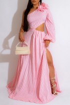 Pink Casual Striped Print Hollowed Out Backless Slit Oblique Collar Long Dress Dresses
