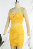 Yellow Sexy Casual Solid Backless Fold Spaghetti Strap Sleeveless Two Pieces