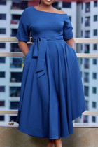 Королевские синие повседневные однотонные платья в стиле пэчворк с косым воротником