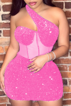 ピンクのセクシーなパーティーセレブソリッドスパンコールパッチワーク斜め襟ワンステップスカートドレス