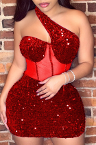 Red Sexy Party Celebrity Solid Sequins Patchwork Oblique Collar One Step Jupe Robes