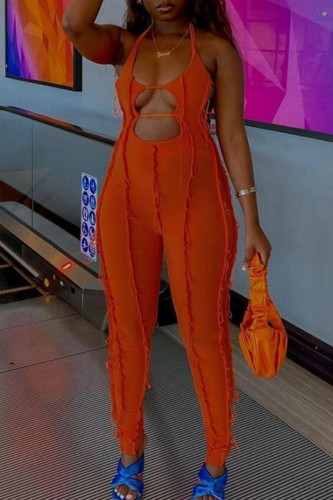 Combinaisons skinny sexy solide évidé dos nu licou orange