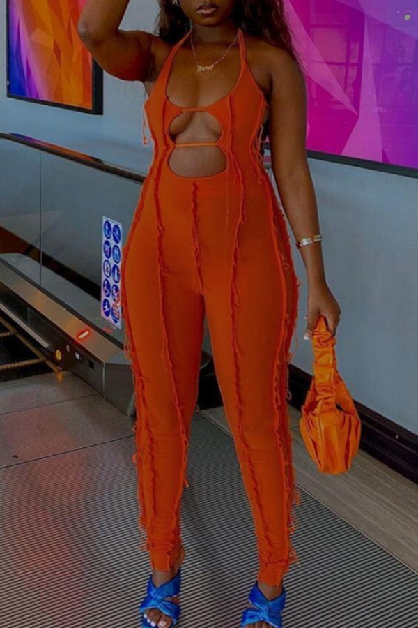 Oranje Sexy Effen Uitgeholde Backless Halter Skinny Jumpsuits