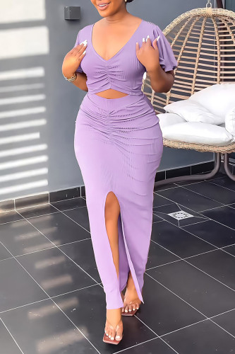 Purple Elegant Solid Patchwork Fold V Neck Short Sleeve Two Pieces