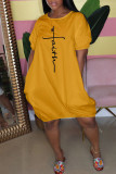 Yellow Casual Print Patchwork O Neck Lantern Skirt Plus Size Dresses