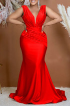 Vestido de noche con cuello en V de patchwork sólido formal sexy rojo Vestidos