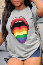 T-shirts décontractés à col rond et patchwork imprimés Street Lips gris