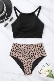 Schwarzer, sexy, rückenfreier Badeanzug mit Leoparden- und Patchwork-Print (mit Polsterung)