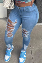 Blauwe casual street solid ripped skinny jeans met hoge taille en patchwork
