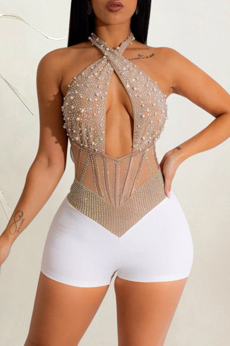 White Sexy Patchwork Hot Drilling Hollowed Out Backless Halter Skinny Romper