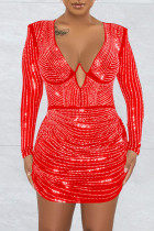 Red Sexy Hot Drilling Patchwork V Neck Long Sleeve Dresses