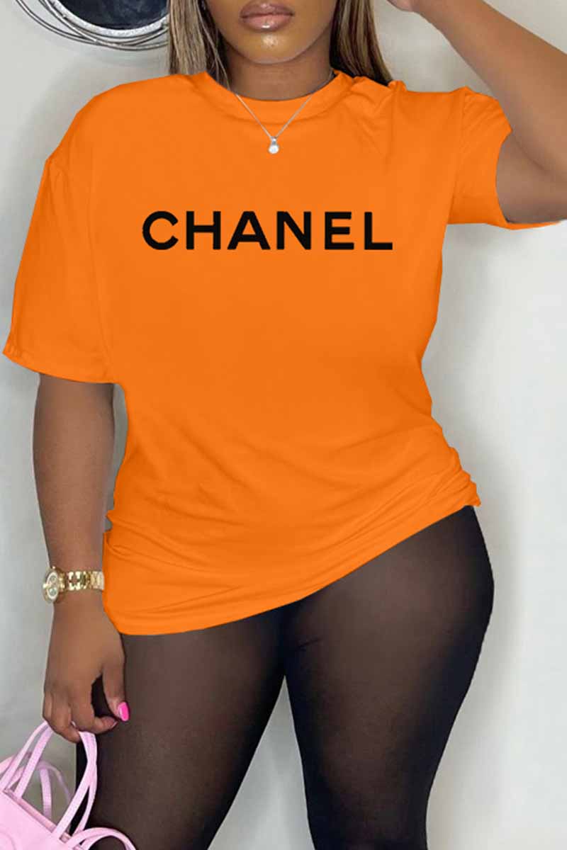 

Orange Casual Print Letter O Neck T-Shirts