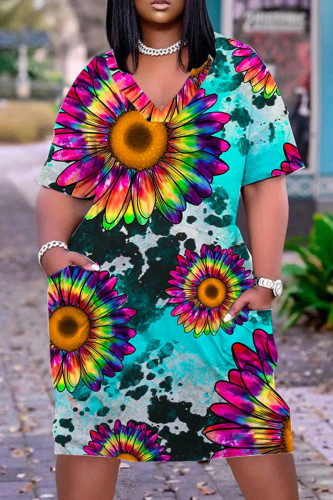 Colour Casual Print Patchwork Basic V Neck Short Sleeve Dress