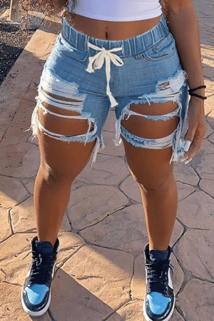 Light Blue Street Print Patchwork High Waist Distressed Ripped Denim Shorts