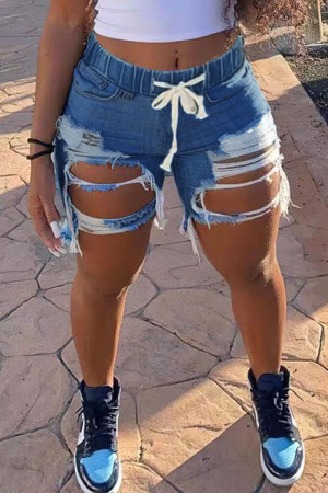 Dark Blue Street Print Patchwork High Waist Distressed Ripped Denim Shorts