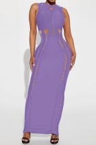 Фиолетовое сексуальное повседневное однотонное длинное платье с круглым вырезом