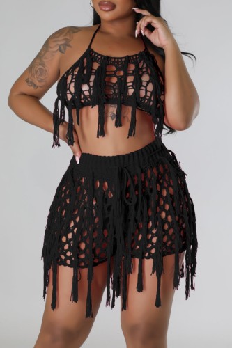 Black Sexy Solid Tassel Hollowed Out See-through Backless Halter Sleeveless Two Pieces