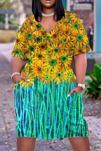 Yellow Casual Print Patchwork Basic V Neck Short Sleeve Dress