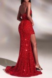 Red Sexy Formal Patchwork Hollowed Out Sequins Backless Slit Halter Evening Dress Dresses