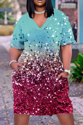 Light Blue Casual Print Patchwork Basic V Neck Short Sleeve Dress