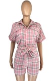 Pink Casual Plaid Print Patchwork Shirt Collar Short Sleeve Two Pieces