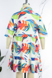 Peacock Blue Casual Print Patchwork Fold Turndown Collar A Line Plus Size Dresses