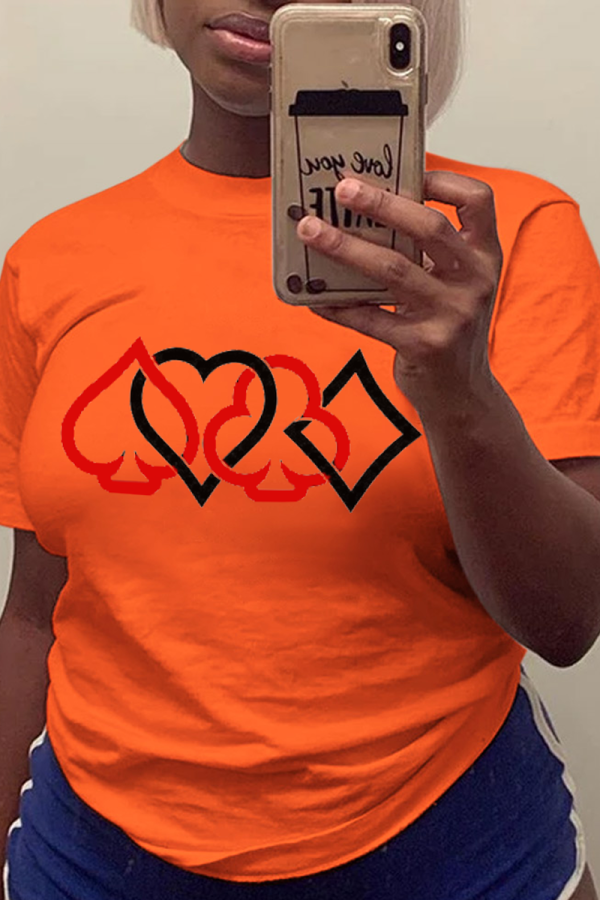 T-shirts décontractés à col rond et patchwork imprimé quotidien orange
