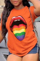 Oranje Casual Street Lips bedrukte patchwork T-shirts met O-hals