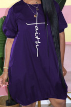 Purple Casual Print Patchwork O Neck Lantern Skirt Plus Size Dresses