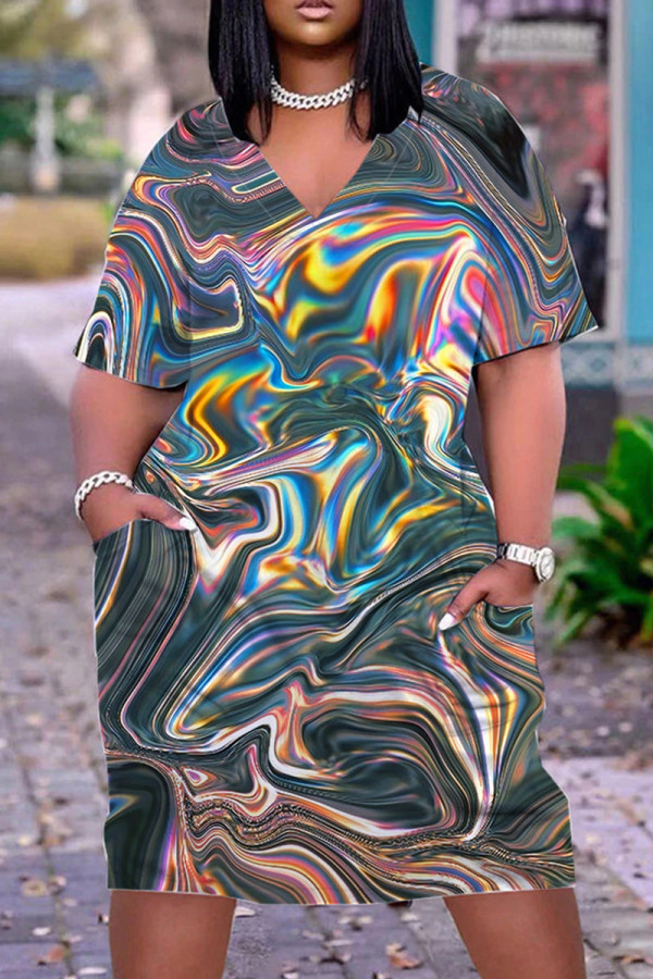 Donkergrijze casual print patchwork basic jurk met V-hals en korte mouwen