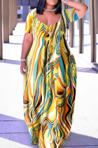 Желтое Повседневное Платье с принтом Базовое платье с V-образным вырезом и короткими рукавами Платья