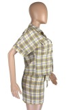 Yellow Casual Plaid Print Patchwork Shirt Collar Short Sleeve Two Pieces