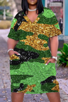 Groene casual print patchwork basic jurk met V-hals en korte mouwen