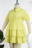 Robes de grande taille jaune décontracté solide patchwork col rabattu gâteau jupe